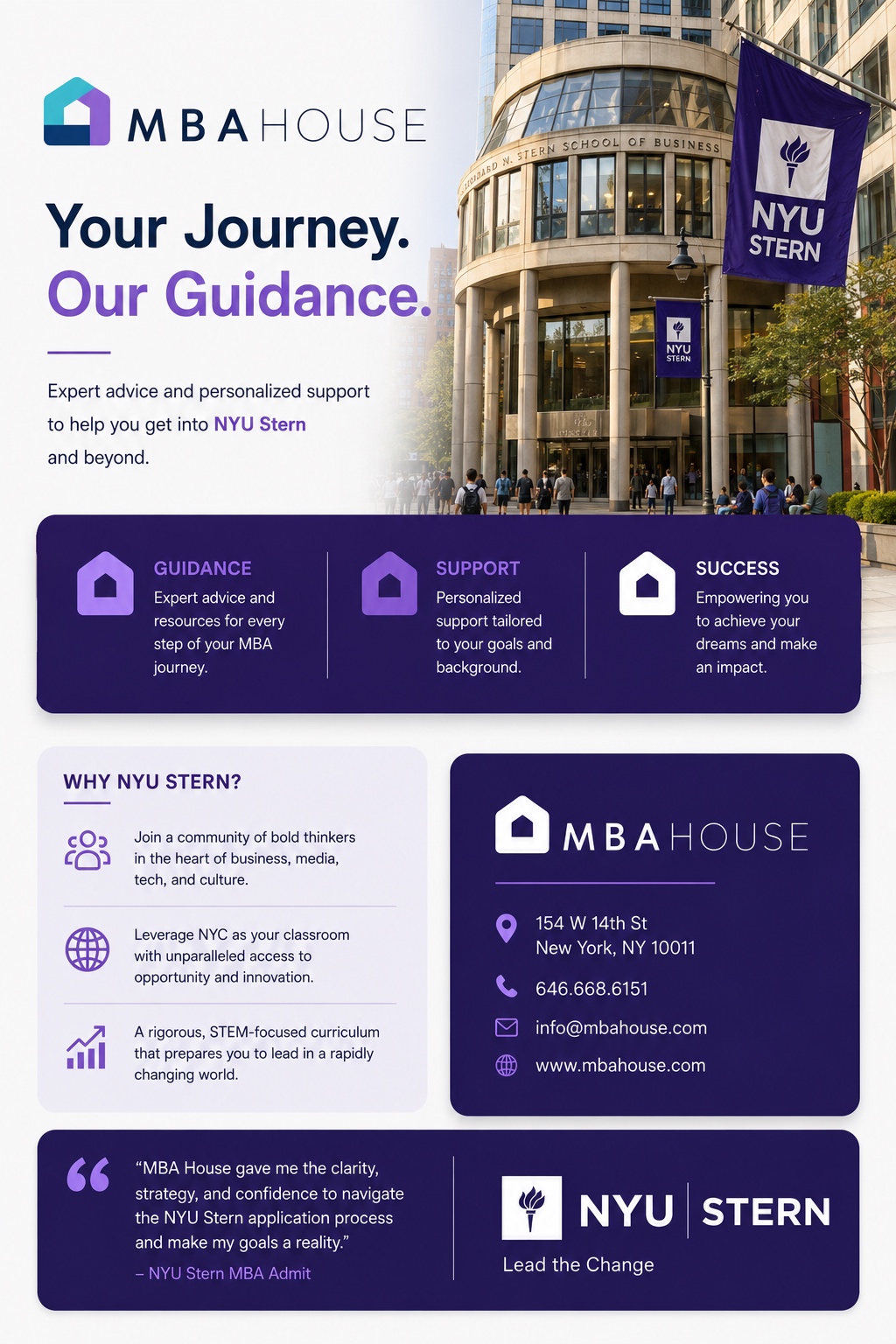 MBA House guide to NYU Stern MBA admissions covering GMAT scores, the Pick Six and Change essays, EQ Endorsements, scholarships, cost, and career outcomes